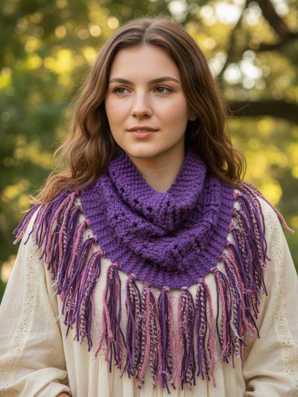 NEW Hand Knitted Purple Eyelet Boho Cowl Scarf Fringe Cottage Whimsy Feminine